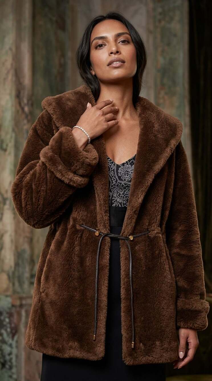 Marvin Richards Faux Fur Coat Size S Brown Hooded